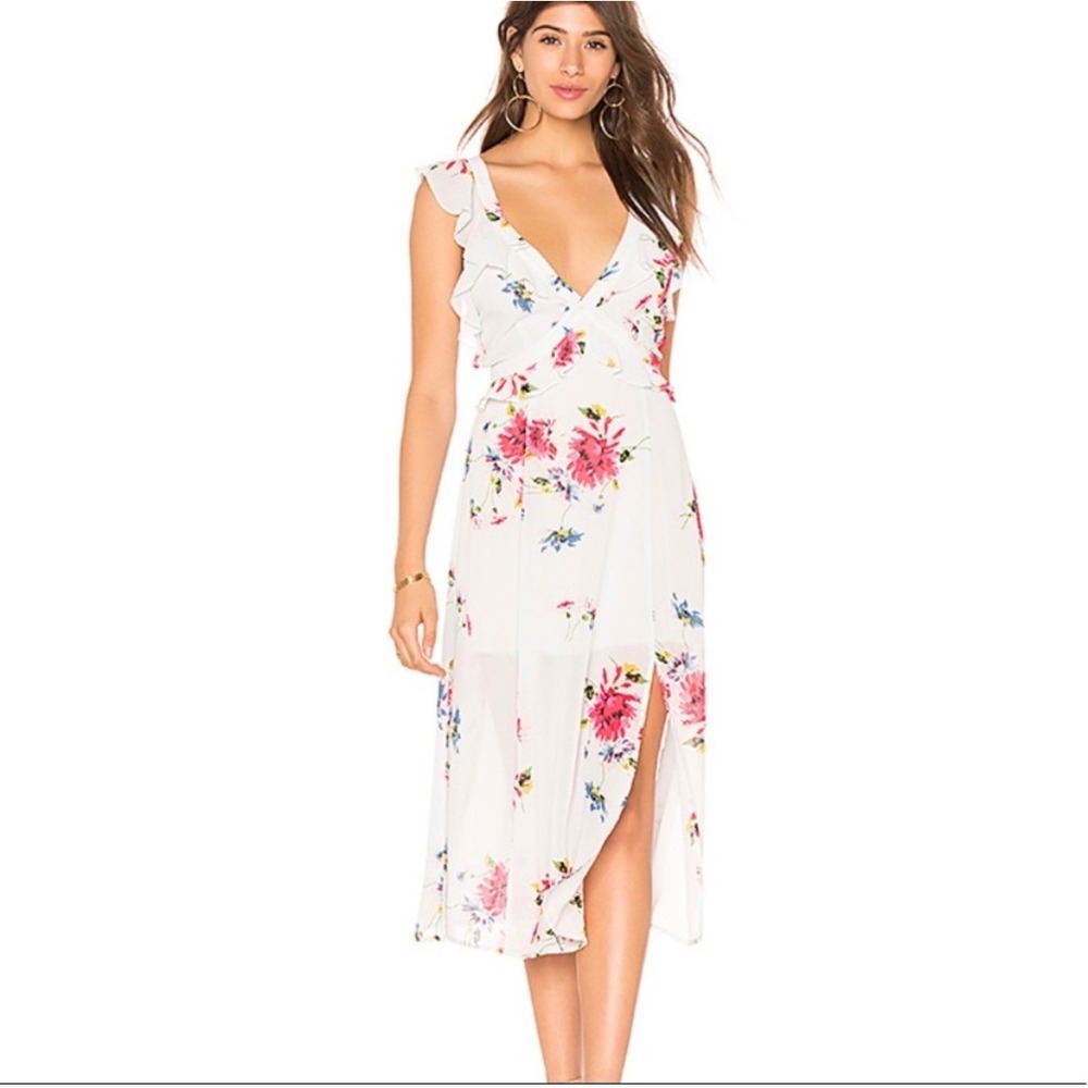 ASTR the Label Milani Floral Ruffle Open Back Midi Dress White Womens M Slits
